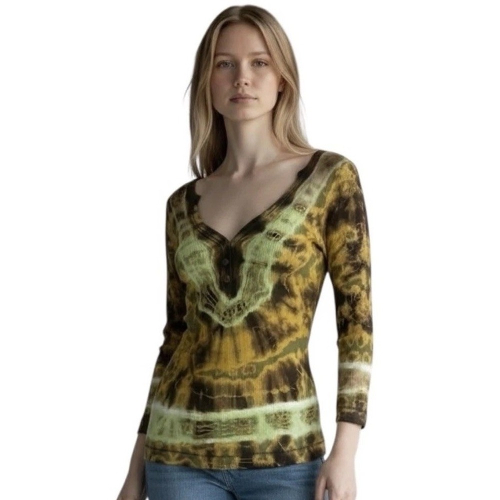 Vintage Y2K Tie-dye Henley Top Size M Ribbed Knit Fitted Shirt Bella‎ Elena USA